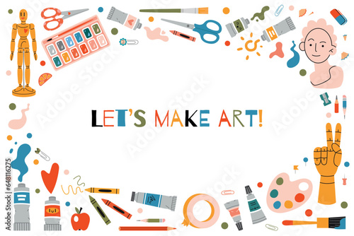 Frame with Painting tools elements, cartoon style. Art supplies set: paint tubes, brushes, pencil, watercolor, palette. Trendy modern vector illustration isolated on white, hand drawn, flat design