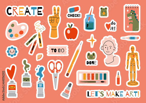 Set of stickers for planner and diaries, vector flat illustration. Cute sticker pack with painting tools elements and art supplies, cartoon trendy image. Decorations for notebook, flat design