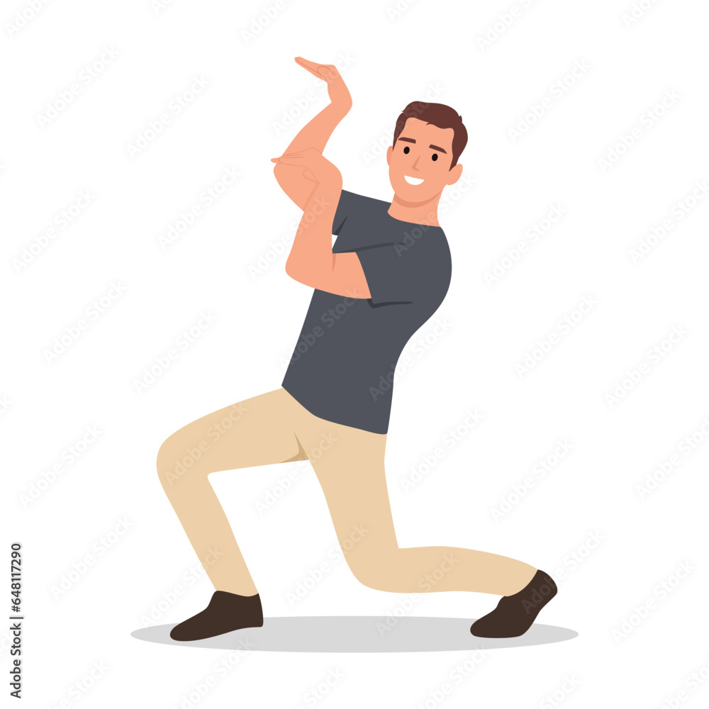 Friendly young man with short medium brown hair in casual outfit dancing. Flat vector illustration isolated on white background