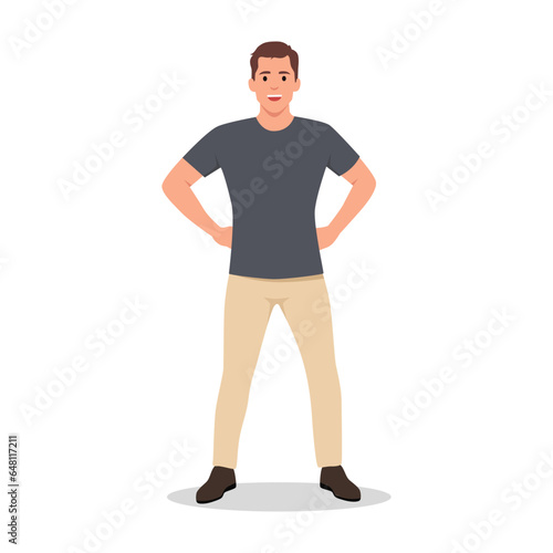 Self-confident guy, a man stands in a heroic pose. Flat vector illustration isolated on white background