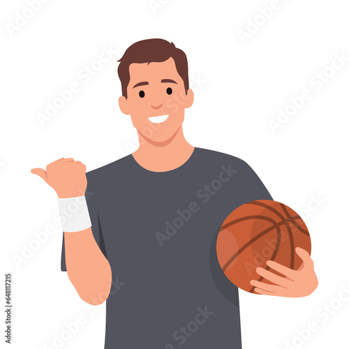 Young man holding basketball ball over white background smiling with happy face looking and pointing to the side with thumb up. Flat vector illustration isolated on white background © lioputra