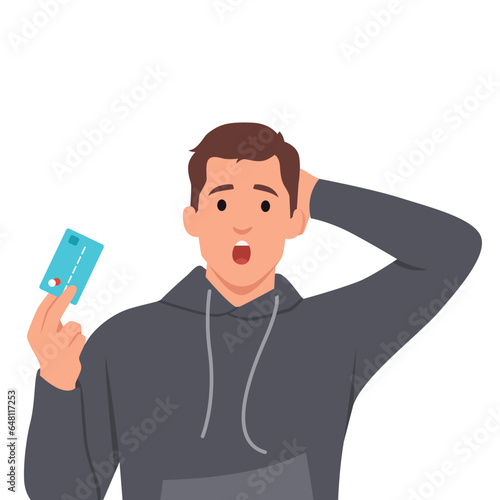 Young man holding credit card stressed with hand on head, shocked with shame and surprise face. Flat vector illustration isolated on white background