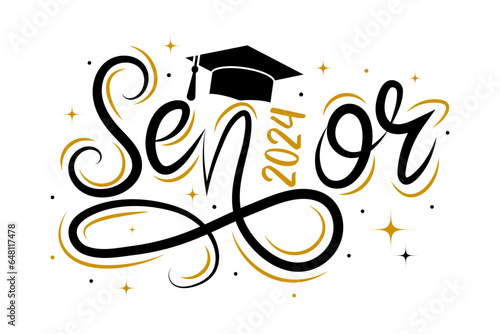 Senior 2024 typography. Black text isolated onwhite background. Vector illustration of a graduating class of 2024. graphics elements for t-shirts, and the idea for the sign