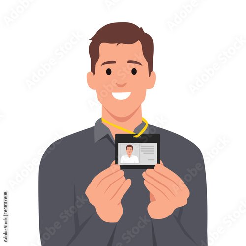Man in suit shows his tag badge. Young man showing his id card. Flat vector illustration isolated on white background