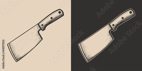 Set of vintage knifes butchery blade weapon  steel metal. Can be used for restaurant food menu emblem logo. Graphic Art. Vector. Hand drawn element in engraving photo