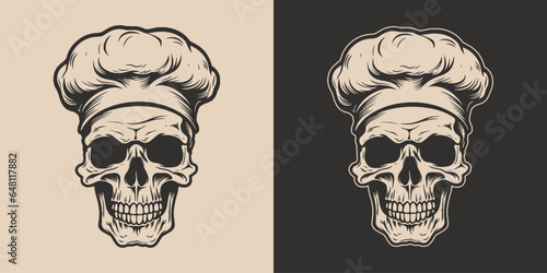 Set of vintage skull cook chef in hat uniform. Can be used for restaurant food menu emblem logo. Graphic Art. Vector. Hand drawn element in engraving © Graphic Warrior