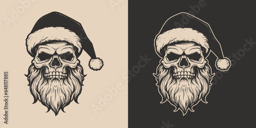 Set of vintage retro tattoo bad scary horror spooky skull skeleton santa claus in hat. Merry christmas xmas new year holiday halloween poster. Graphic Art. Engraving vector style photo