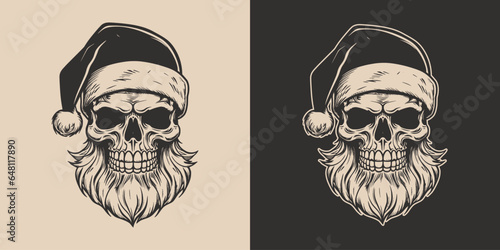 Set of vintage retro tattoo bad scary horror spooky skull skeleton santa claus in hat. Merry christmas xmas new year holiday halloween poster. Graphic Art. Engraving vector style