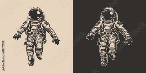 Set of vintage retro astronaut nasa future space adventure explore. Galaxy science trip. Graphic Art. Vector.