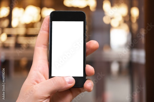 Human hand holding mobile Phone with blank screem