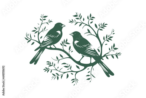 Vector two birds sitting on the tree illustration. Bird on a branch. Birds couple on branch isolated on white background, vector. Two birds silhouette on branch, vector