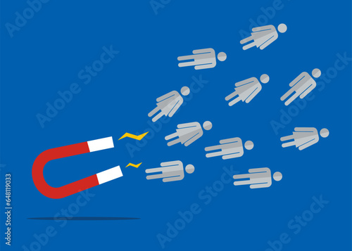 Attracting human figures with horseshoe magnet.  Attract customers and target audience. Flat vector illustration