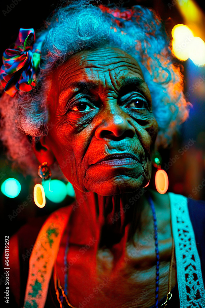 portrait of an afro-american person, Close-up portrait of an elderly woman illuminated with the colorful lights of a fair. image created with ai	
