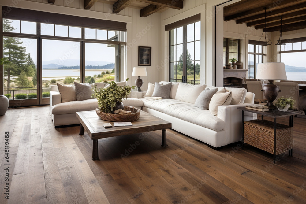 Bright and cozy living room with white sofa and wooden flooring. Generated with Ai Bright and cozy living room with white sofa and wooden flooring. Generated with Ai