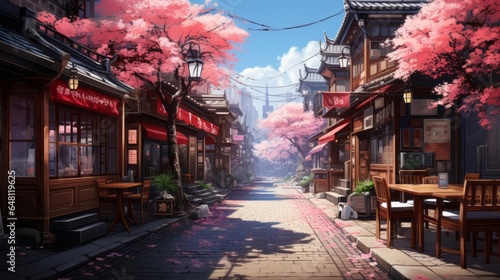 Idyllic Old Japan Street in Spring, Cherry Blossoms