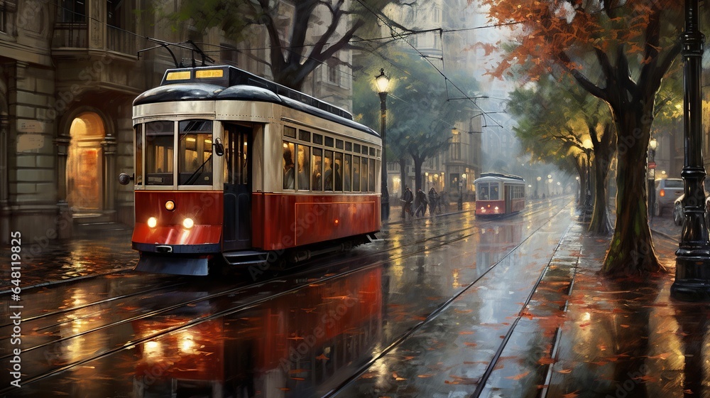 Obraz premium a painting of a trolley on a city street in the rain. generative ai
