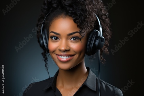 portrait of a girl wearing headphones . calling center