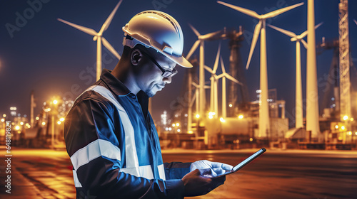 Young African American worker working with his tablet in a wind power plant at night.  photo