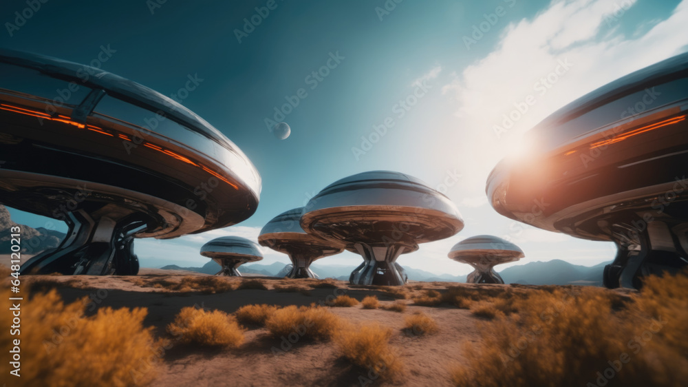 Extraterrestrial Spacecraft in Desert Setting. Great for concept art, illustrating the arrival of advanced beings..