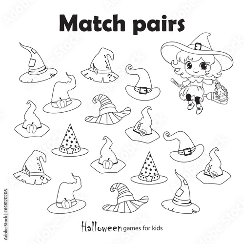 mini games for kids for a Halloween party. Find 4 pairs of witch hats. Workbook for preschoolers. Mini games for children. The cute witch lost her hat. Education and entertainment for children. black 
