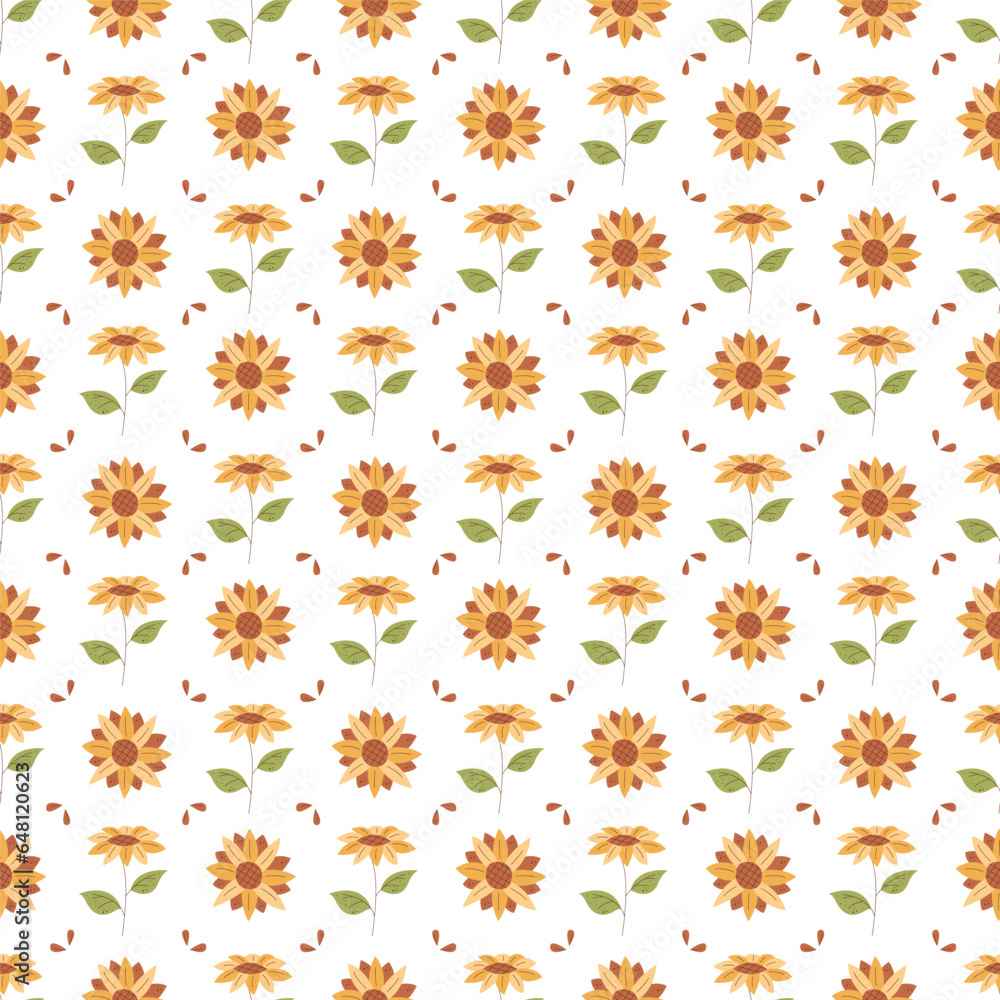 Seamless pattern with sunflower, leaves and seeds. Color flat vector illustration.