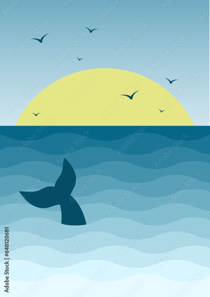 Sea in the morning and whale childish illustration poster. Cute fish tale. Sea in the morning and whale childish illustration poster. Cute fish tale.
