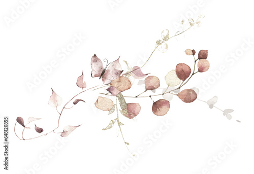 Watercolour floral composition on white. Pink, beige, brown dry eucalyptus branches, leaves, butterfly, golden element