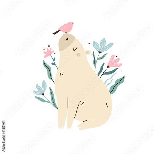 Funny capybara and a bird in a jungle forest. Vector illustration of cute rodent animal