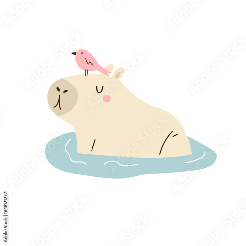 Vector illustration of a funny capybara sitting in a pond with a bird on her nose © danceyourlife