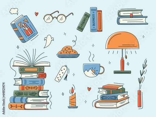 Doodle book colourful collection. Educational Vector illustration, books set icon. Stack of books, glasses, lamp, vertical books. Reading books concept. World book day. Minimalism, line art
