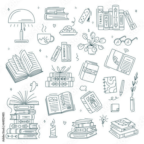 Doodle book collection. Educational Vector illustration, books set icon. Stack of books, glasses, lamp, vertical books. Reading books concept. World book day. Minimalism, line art