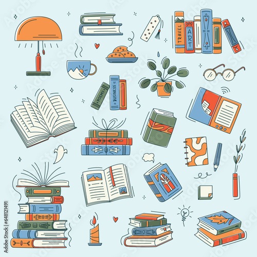 Doodle book colourful collection. Educational Vector illustration, books set icon. Stack of books, glasses, lamp, vertical books. Reading books concept. World book day. Minimalism, line art
