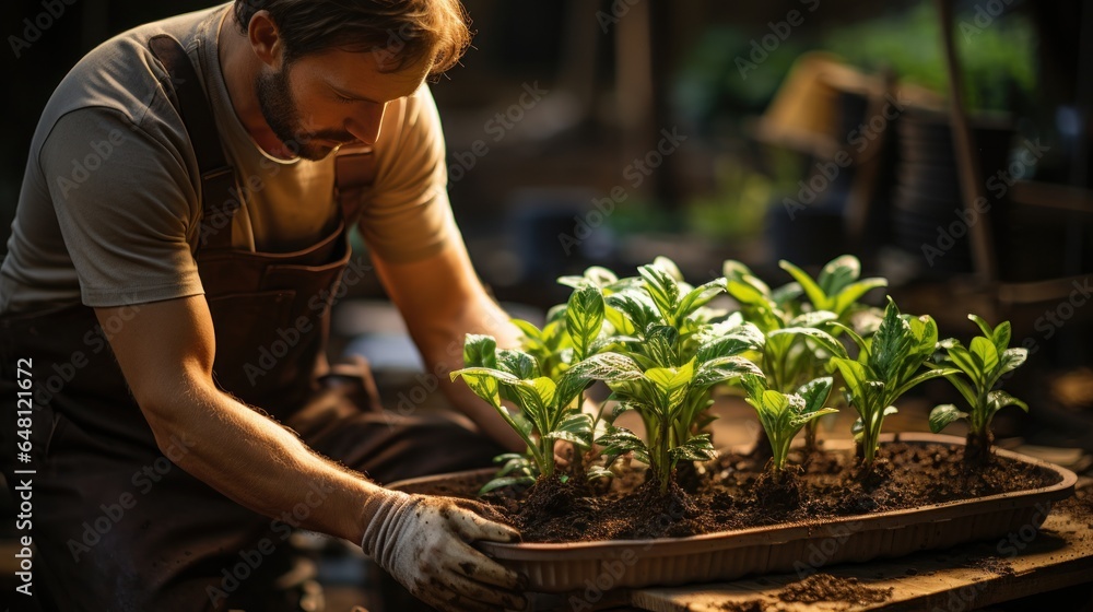 Gardening man holding a flower pot Gardening man holding a flower pot