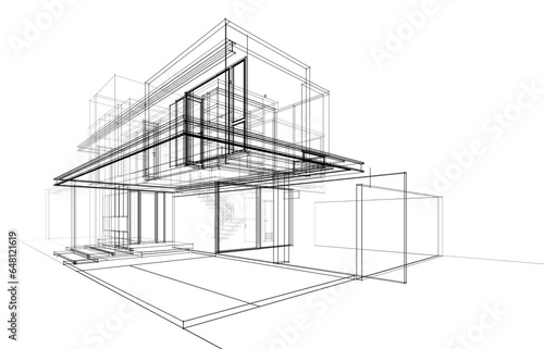 Architectural drawing of modern house 3d rendering