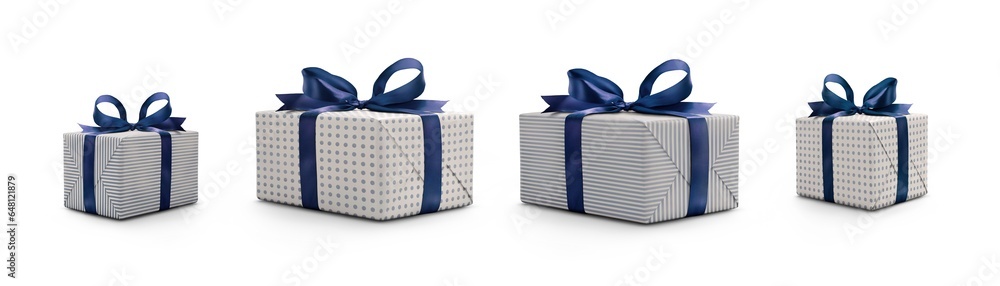 Side view of Christmas, birthday or valentine presents decorated in pale blue spots and stripes with a blue ribbon bow isolated against a transparent background.