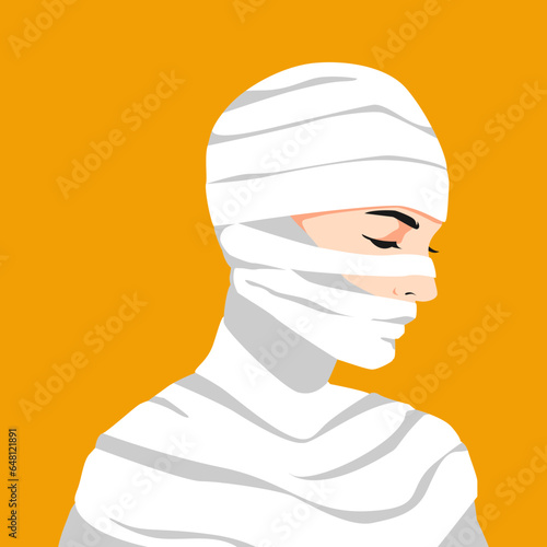 portrait of a woman wear mummy costume in profile. halloween theme, side view, avatar, horror, costume. modern flat vector illustration.