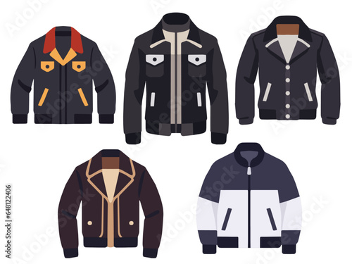 Men's jacket set vector illustration, flat apparel men's jacket, riding jacket, sports jacket collection set vector art isolated on a white background