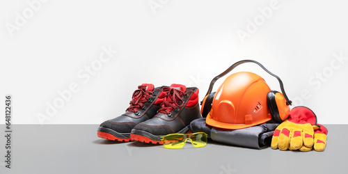  Industrial protective gear on the table, grey color background. Safety equipment. Banner with copy space.