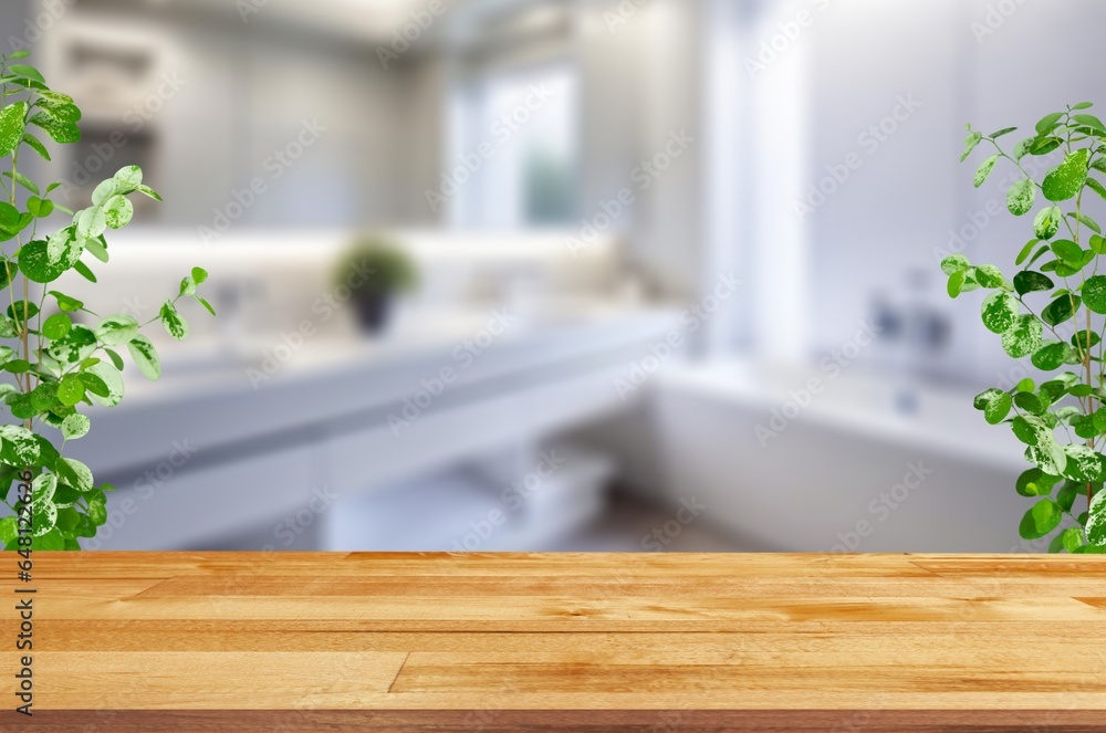 Wooden blank table top on room background, AI generated image Wooden blank table top on room background, AI generated image