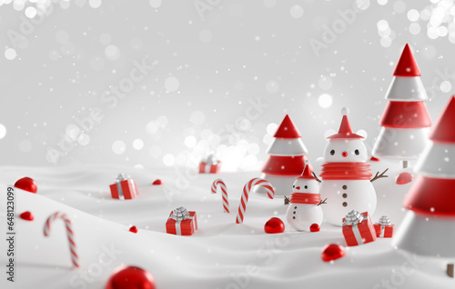 Snowman and red christmas ornament background, 3d rendering © nespix