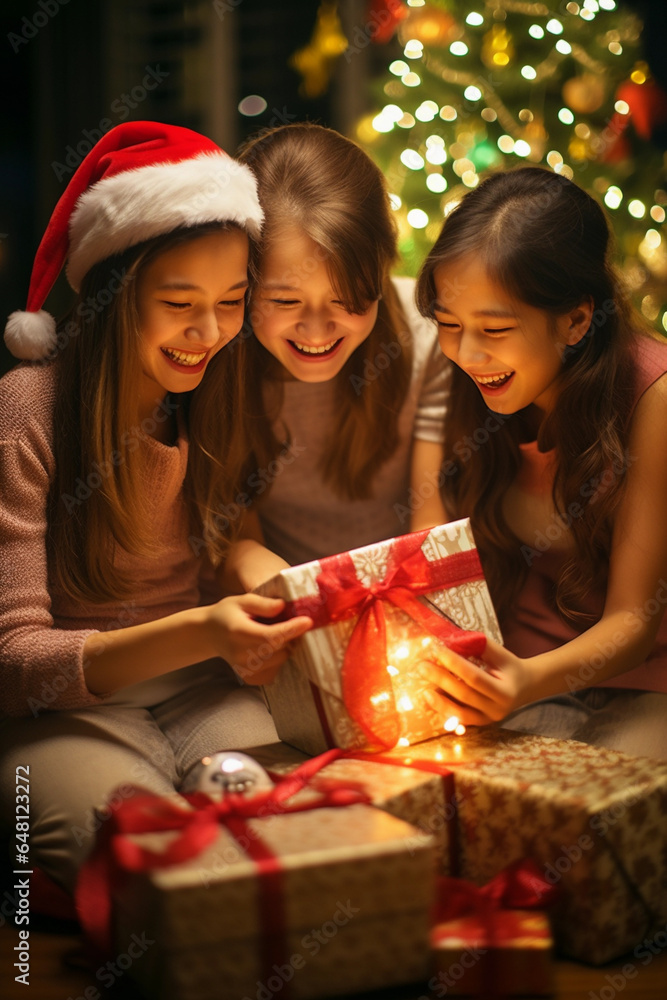 Christmas Day with Santa Claus and family celebrating together happily. Comes with a New Year's gift box