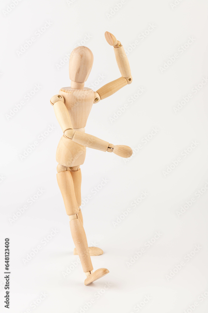 Wooden Mannequin, hopping, playing, without base, plain background, gesture, pose Wooden Mannequin, hopping, playing, without base, plain background, gesture, pose