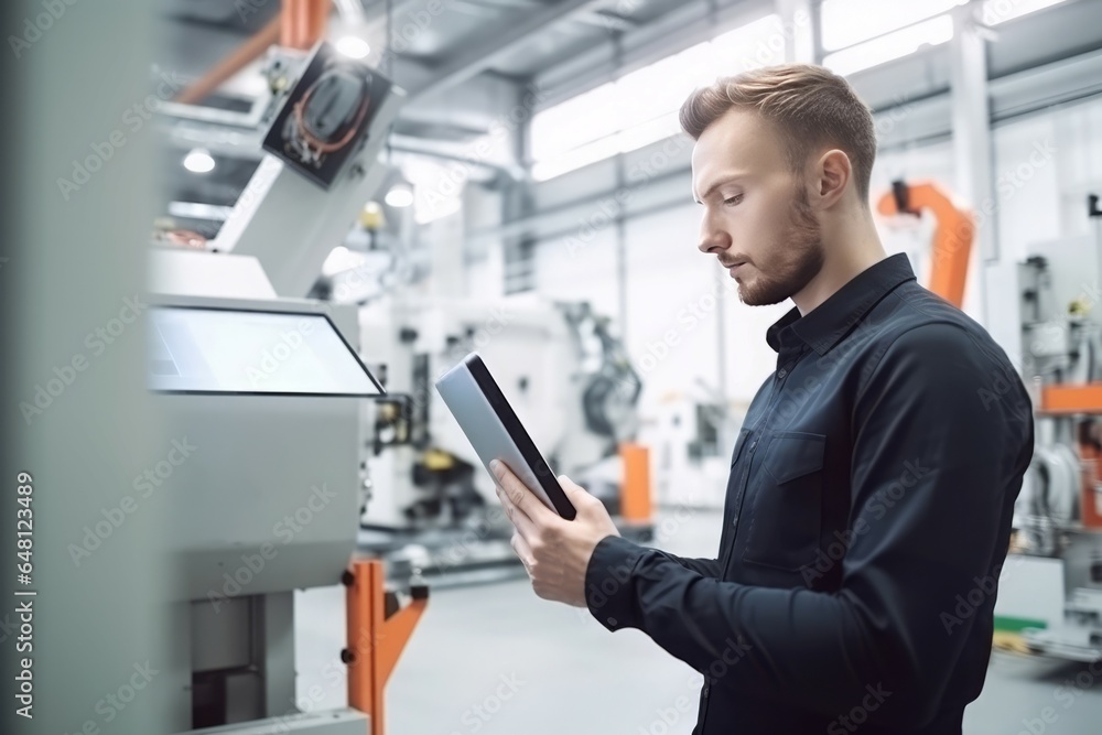 Man factory tablet work safety. Generate Ai Man factory tablet work safety. Generate Ai