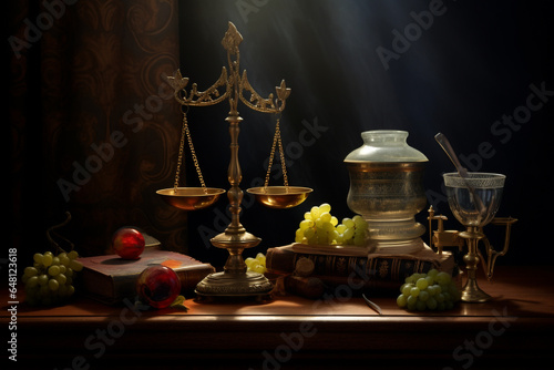 Scales of justice on wooden table