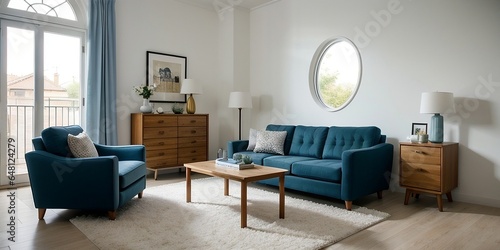 Light blue curved sofa in the living room, beautiful curved interior design © PNG&Background Image