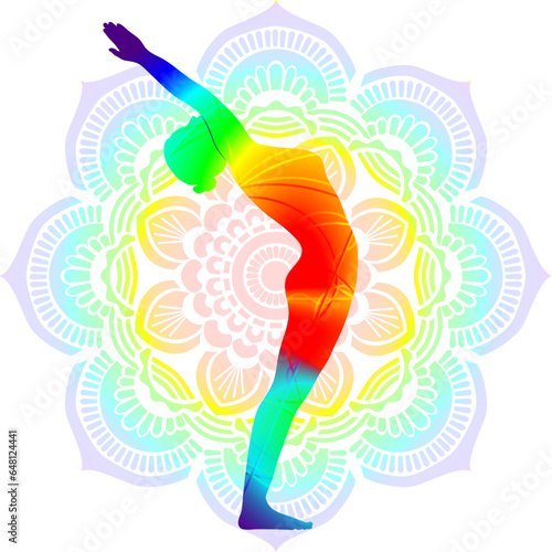 Colorful silhouette Ardha Chandrasana or Anuvittasana. Mountain with Arms Up and Backbend pose. Standing and Backbend. Isolated vector illustration. Mandala background.