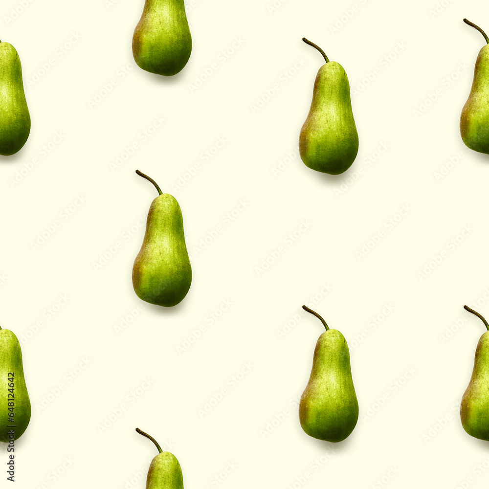 Seamless regular creative pattern of fruits pears top view flat lay on light yellow background. Printing on fabric, wrapping paper.