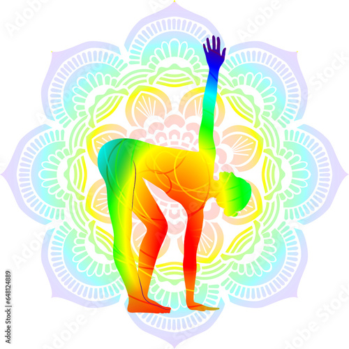 Colorful silhouette Parivritta Uttanasana. Standing Forward Bend Twist pose. Twisted Forward Bend pose. Standing and Twist. Isolated vector illustration. Mandala background.