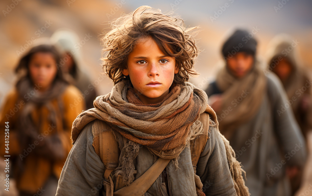 Afghan children walk in the desert fleeing their country Afghan children walk in the desert fleeing their country