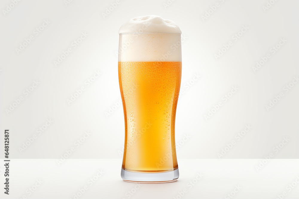 A glass of light beer with a frosty appearance A glass of light beer with a frosty appearance